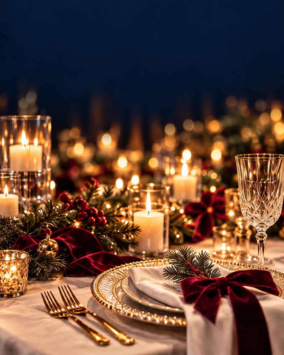A festive table with candles and velvet bows