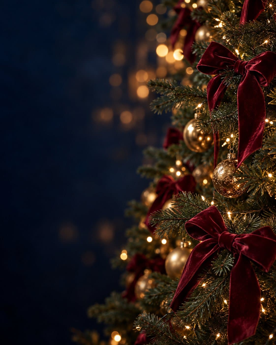A Christmas tree dressed in gold and burgundy